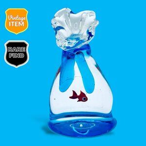 Murano Miniature Art Glass Fish in Bag, Blue Ribbon, Orange Gold Fish, Bubbles!